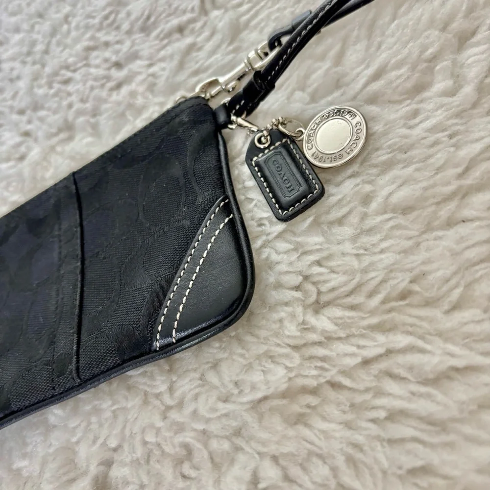 Coach CC Signature Canvas Black Leather Wristlet with Charm